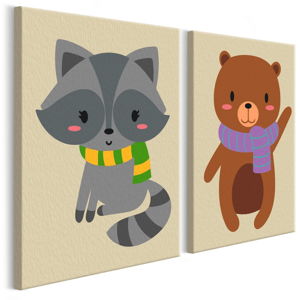 DIY set na tvorbu vlastního dvoudílného obrazu na plátně Artgeist Raccoon & Bear, 33 x 23 cm