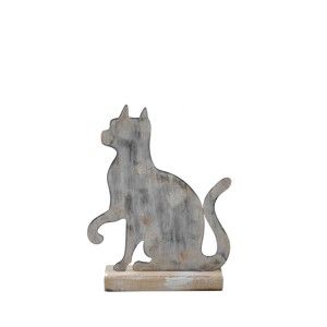 Malá šedá kovová Dekorace na dřevěném podstavci s motivem kočky Ego Dekor, 15 x 19,5 cm