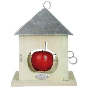 Bílé dřevěné krmítko pro ptáky se zinkovou střechou na 4 jablka Esschert Design, výška 23 cm