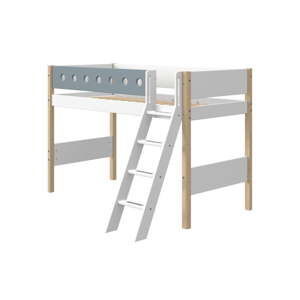 Modro-bílá dětská postel s žebříkem a nohami z březového dřeva Flexa White, výška 143 cm