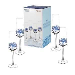 Sada 4 bílomodrých skleněných sklenic na šampaňské Spode Blue Italian, 230 ml