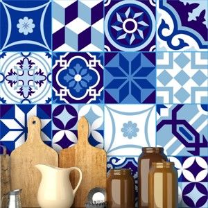 Sada 16 nástěnných samolepek Ambiance Wall Stickers Tiles Azulejos Shade of Blue, 20 x 20 cm