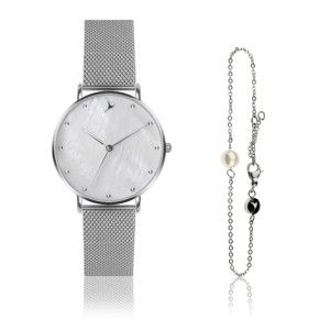 Set dámských hodinek a náramku z nerezové oceli ve stříbrné barvě Emily Westwood Dots