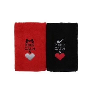 Sada 2 černo-červených bavlněných ručníků Keep Calm, 50 x 90 cm