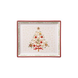 Červeno-béžový porcelánový servírovací talíř s vánočním motivem Villeroy & Boch, 27,4 x 22,7 cm