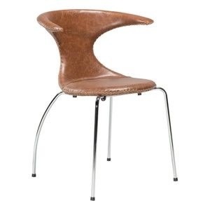 Hnědá kožená jídelní židle s pochromovaným podnožím DAN–FORM Denmark Flair
