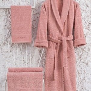Set růžového bavlněného dámského županu velikosti XL, ručníku a osušky Bathrobe Set Lady