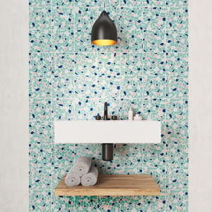 Sada 24 nástěnných samolepek Ambiance Cement Tile Stickers Terrazzo Aqua, 10 x 10 cm