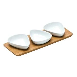 Sada 3 servírovacích porcelánových misek na bambusovém tácku Premier Housewares Trio Snacks