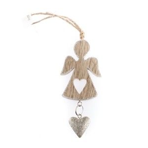 Dřevěný závěsný anděl se srdíčkem ve stříbrné barvě Dakls, výška 5 cm