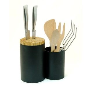 Černý blok na nože a kuchyňské náčiní z bambusového dřeva Wireworks Knife&Spoon