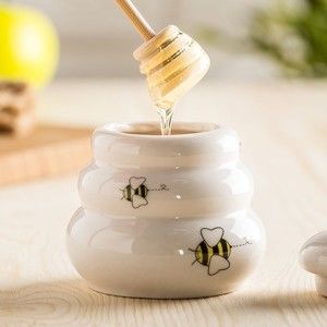 Keramická dóza na med s víčkem a dřevěnou naběračkou Just Mustard Honey