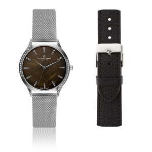 Dámské hodinky z nerezové oceli ve stříbrné barvě s výměnným páskem z pravé kůže Frederic Graff Crystal