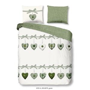Zeleno-bílé povlečení na jednolůžko z bavlny Good Morning Hearts, 140 x 200 cm
