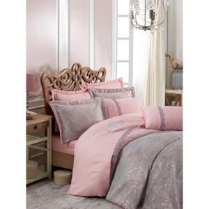 Růžovo-šedý přehoz přes postel na dvoulůžko s povlaky na polštáře Ornella, 250 x 260 cm