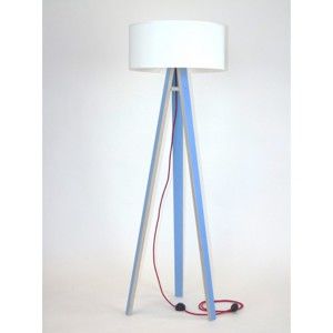 Modrá stojací lampa s bílým stínítkem a červeným kabelem Ragaba Wanda