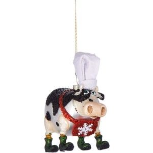 Vánoční závěsná ozdoba ze skla Butlers Kráva s kuchařskou čepicí, 11,5 cm