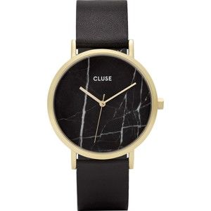 Dámské černé hodinky s koženým řemínkem a mramorovým ciferníkem Cluse La Roche Rose