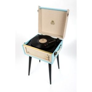 Světle modrý gramofon s rádiem na nohách GPO Bermuda Blue
