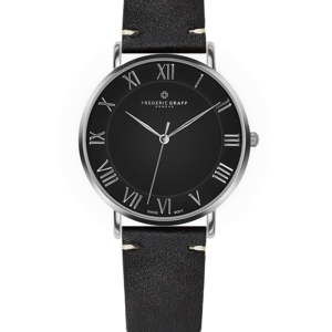 Černé hodinky s páskem z pravé kůže ve stříbrné barvě Frederic Graff Grunhorn