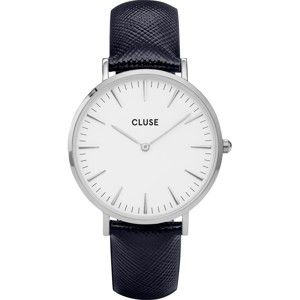 Dámské hodinky s černým koženým řemínkem a detaily ve stříbrné barvě Cluse La Bohéme