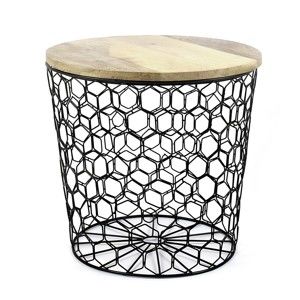 Černý stolek s deskou z mangového dřeva HF Living Mesh, ø 45 cm