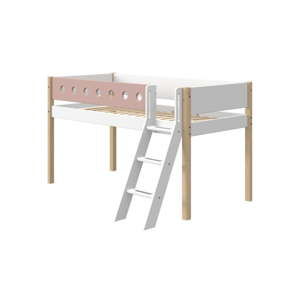 Růžovo-bílá dětská postel s žebříkem a nohami z březového dřeva Flexa White, výška 120 cm