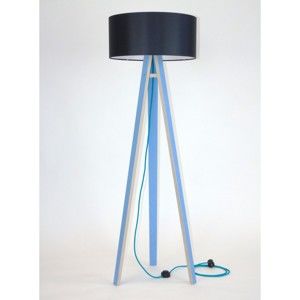 Modrá stojací lampa s černým stínítkem a tyrkysovým kabelem Ragaba Wanda