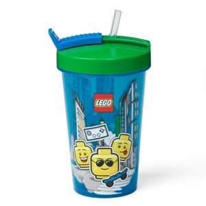 Modrý kelímek se zeleným víčkem a brčkem LEGO® Iconic, 500 ml