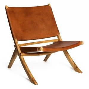 Koňakově hnědá židle s konstrukcí z teakového dřeva a sedákem z hovězí kůže Simla Fold
