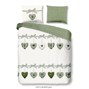 Zeleno-bílé povlečení na dvoulůžko z bavlny Good Morning Hearts, 200 x 240 cm