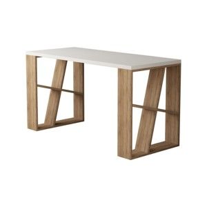Pracovní stůl s bílou deskou s nohami v dekoru dubového dřeva Honey