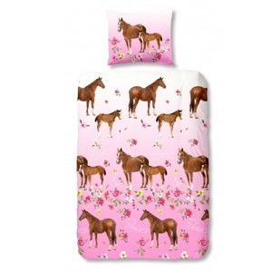 Růžové dětské bavlněné povlečení Good Morning Horses, 140 x 200 cm