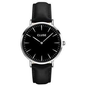 Dámské hodinky s černým koženým řemínkem a černým ciferníkem Cluse La Bohéme