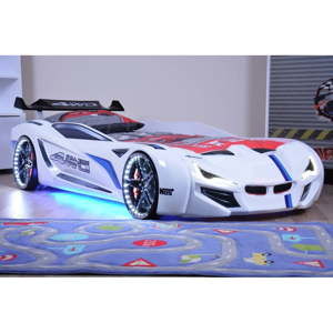 Bílá dětská postel ve tvaru auta s LED světly Fastero, 90 x 190 cm